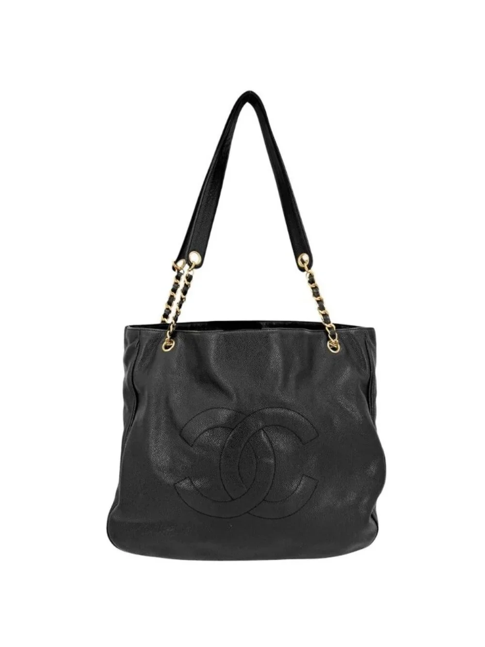Chanel Tote CC Logo Jumbo CC Chain Shoulder Handbag Caviar Leather Black Gold